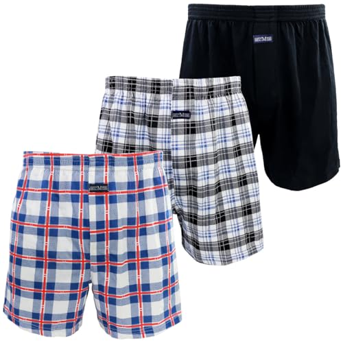 Kacouni 3er Pack Boxershorts Herren Weit 100% Baumwoll Gestrickte, Locker Passform, Weiche und Atmungsaktive, Ultrabequeme Unterhosen Männer Gr. M-3XL (L, 3X Mix02 (Schwarz/Rot Gitter)) von Kacouni