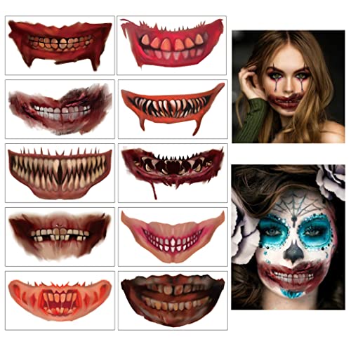 10 x Halloween Tattoos zum Aufkleben für das Gesicht, Tag der Toten Totenkopf Halloween Gesichtstattoo (Mouth) von Kaderas