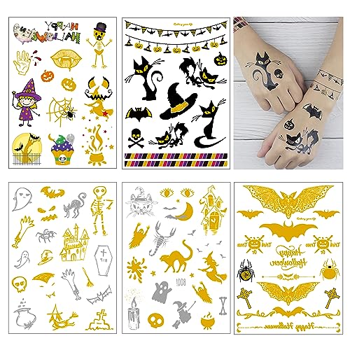 5 x Halloween Tattoos Kinder in der Größe 210mm x 150 mm, Hautfreundliche Flash Festival Gold Kindertattoos für Halloween Party Geschenk von Kaderas