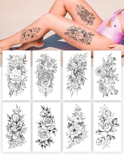 8 Blätter Tattoos Erwachsene, Blumen Temporäre Klebe Tattoo zum Aufkleben für Frauen Damen von Kaderas