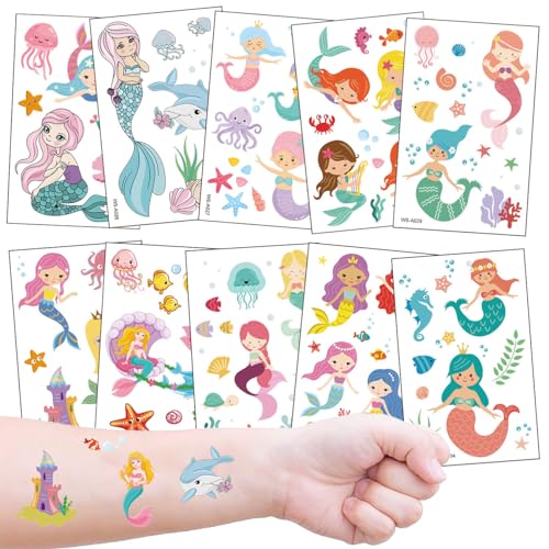 Meerjungfrau Tattoo Kinder 10 Blätter, Temporäre Kindertattoos Wasserdichte für Mädchen Kindergeburtstag Mitgebsel Party von Kaderas