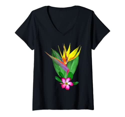 Damen Strelitzie mit Wüstenrose als Zeichnung - Blumen in Afrika T-Shirt mit V-Ausschnitt Damen Strelitzie mit Wüstenrose als Zeichnung - Blumen in Afrika T-Shirt mit V-Ausschnitt von Kadzo