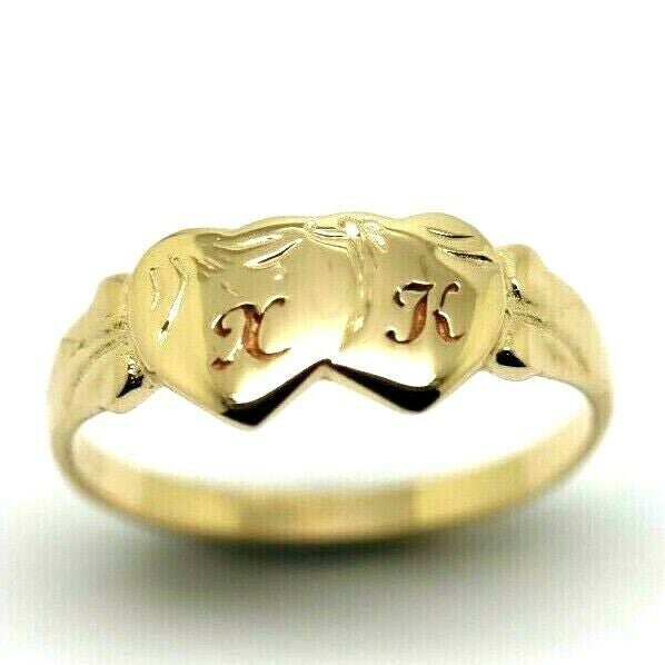 Echter 9Ct 9K Gelb, Rose Oder Weißgold Double Heart Signet Ring + Gravur 2 Initialen von KaedesignsJewellery