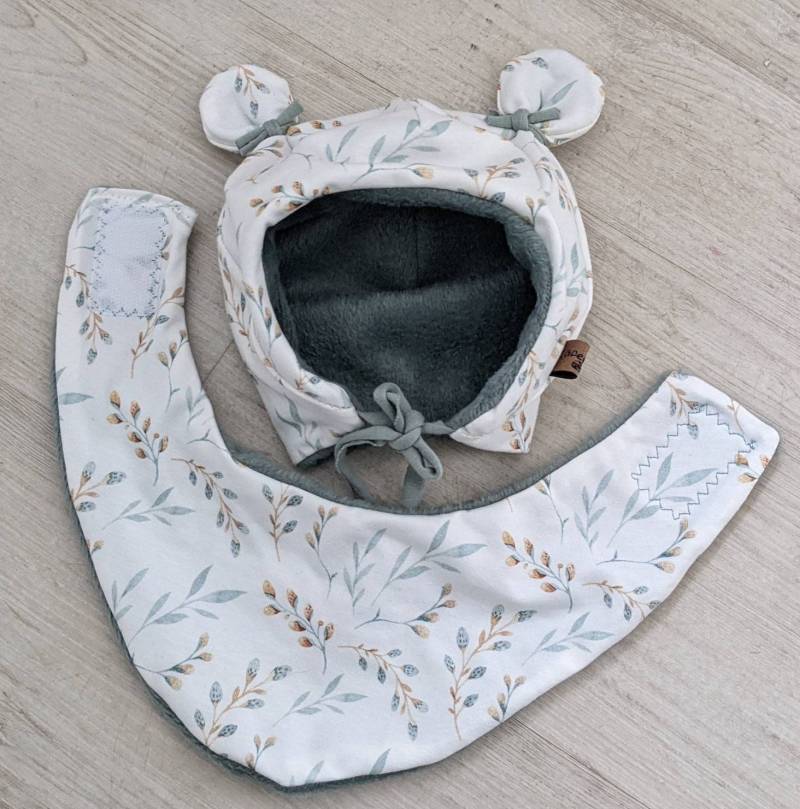 Baby Ohren Mütze Weide Weidenzweige Kappe Mit Halstuch Ohrenmütze Schön Warm 34-50cm Teddyplüsch von KaeferMari