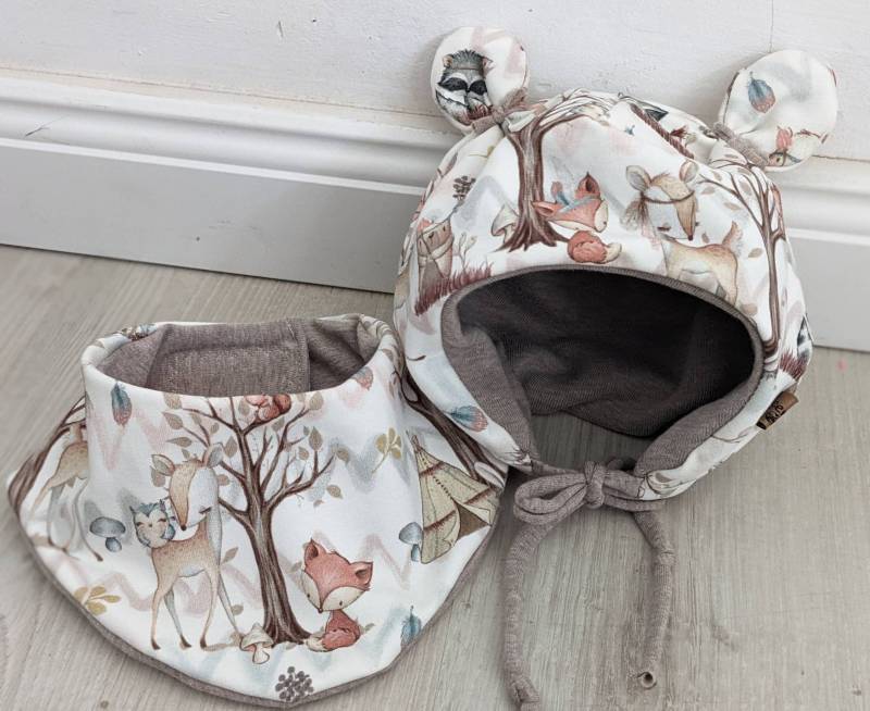 Baby Waldfreunde Herbst Ohren Mütze Leichte Kappe Mit Halstuch Ohrenmütze Wald Reh Fuchs 34-50cm von KaeferMari