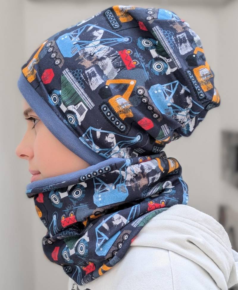 Bagger Fahrzeuge Beanie Mütze Baby Kinder Jungen Mützenset & Loop Halstuch Größe 39-56cm Wintersweat Stirnband von KaeferMari