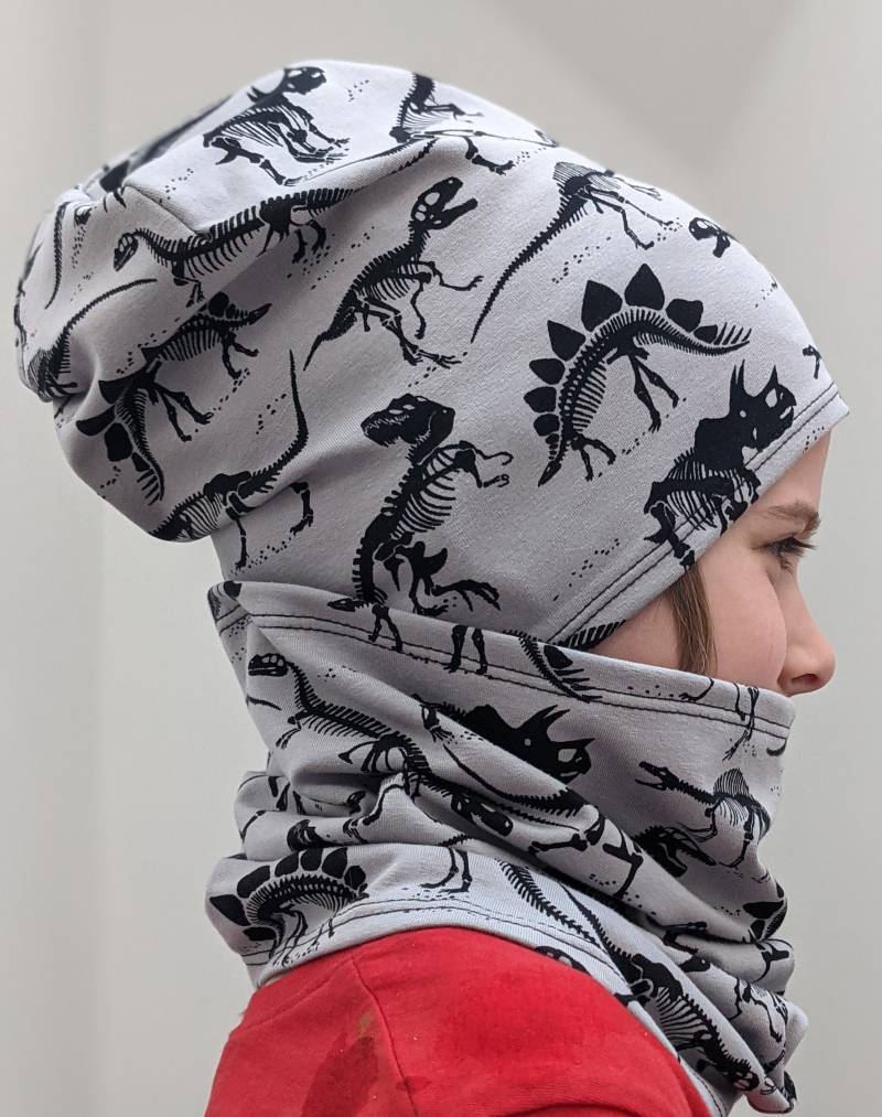 Dünnes Frühlungset Beanie Mütze Und Loop Dino Dinosaurier Einlagig Kinder Größe 37-56cm Skelett von KaeferMari