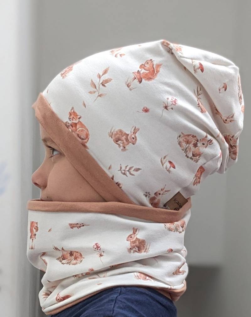 Kinder Set Fuchs Reh Wald Baby Mädchen Jungen Mützenset Beanie Mütze & Loop Größe 37-56cm von KaeferMari