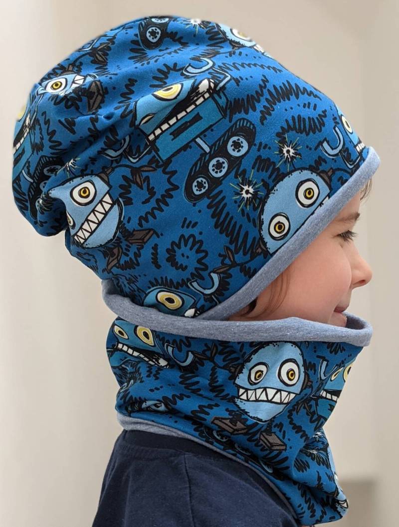 Monster Roboter Baby Kinder Jungen Mützenset Mütze & Loop Beanie Halstuch Größe 39-56cm Wintersweat von KaeferMari