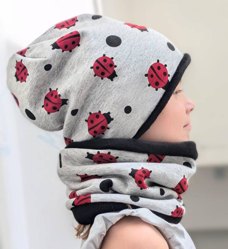 Winter Mützenset Alpenfleece Marienkäfer Käfer Kinder Beanie Mütze & Schal/Loop/Halstuch Größe Ku 37-56cm Kuschelig Warm von KaeferMari