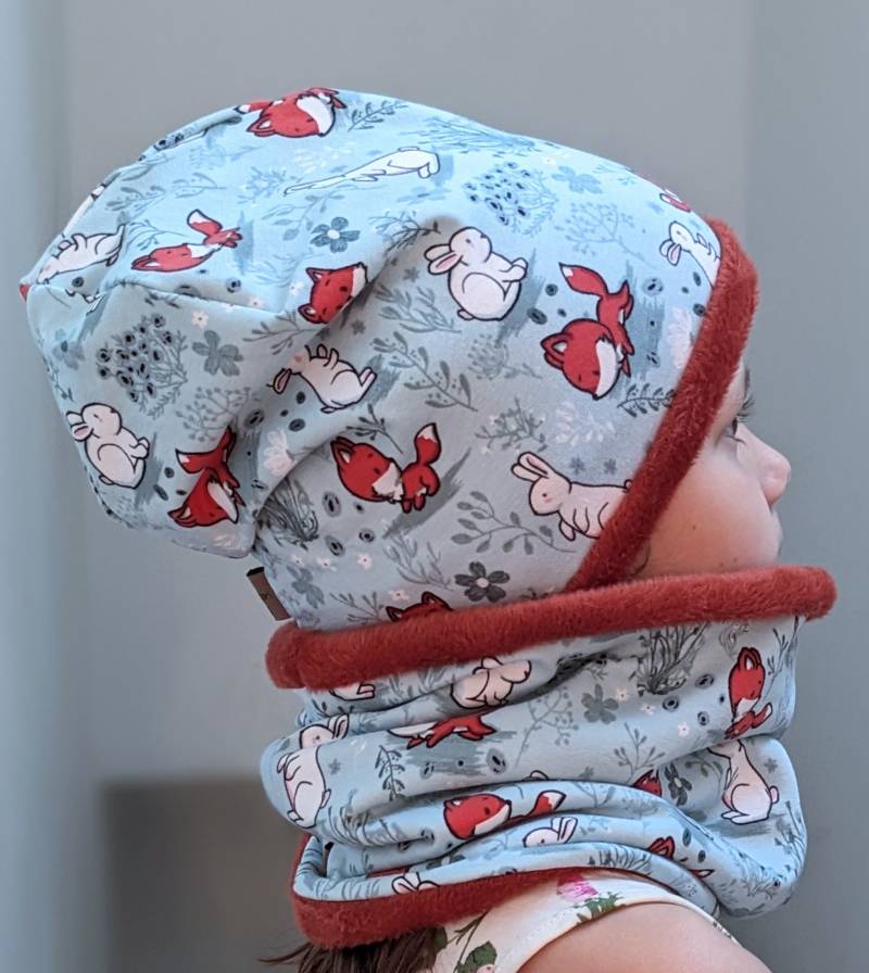 Winter Mützenset Kinder Fuchs Wald Baby Mädchen Jungen Mützenset Beanie Mütze & Loop Größe 37-56cm von KaeferMari