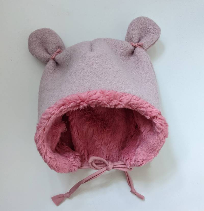 Winter Walk Wollmütze Und Halstuch in Rosa/Pink Baby Mütze Teddy Ohrenmütze 34-50cm Bio Walkstoff von KaeferMari