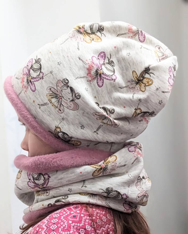 Winter Warmes Mützenset Alpenfleece Glitzer Fee Ballerina Kinder Mädchen Beanie Mütze & Loop/Schal/Halstuch Sturnb Größe 37-56cm von KaeferMari