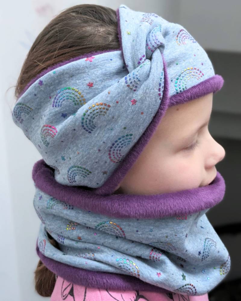Winter Warmes Mützenset Glitzer Regenbogen Kinder Mädchen Beanie Mütze & Loop/Schal/Halstuch Größe 37-56cm Alpenfleece von KaeferMari