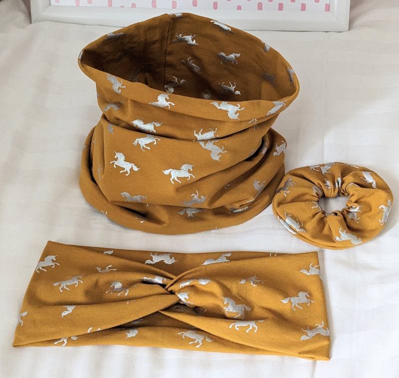 stirnband Loop Und Haargummi Einhorn Einhörner Silber Glitzer Mädchen Kinder Haarband Gelb/Senf Größe 42-56cm von KaeferMari