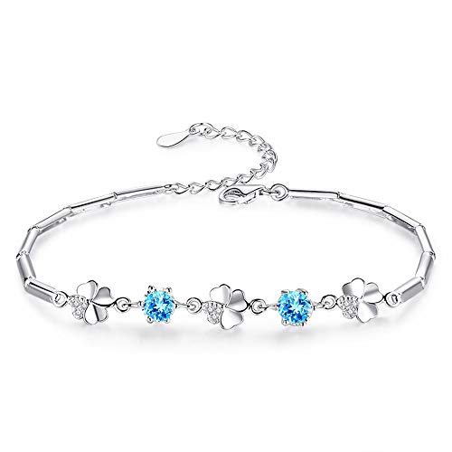 Kamise Armband Damen Silber, 925 Sterling Silber Armband, Klee Armkette mit Blau Zirkonia, Armband Schmuck mit Geschenkbox für Mutter Mädchen Frauen Zum Muttertag Valentinstag von Kamise