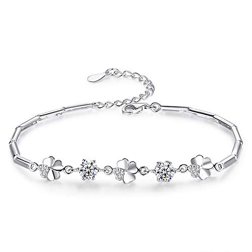 Kämise Silber Armband für Damen, 925 Sterling Silber Klee Armband Armkette mit Weiß Zirkonia, kommt mit Schmuck Box, Geschenk für Mutter Ehefrau Freundin Tochter von Kämise