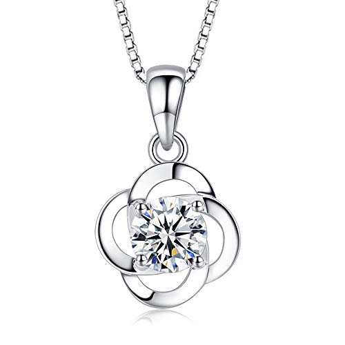 Kamise Halskette Damen, Silberkette 925 Sterling Silber, Kette Klee Anhänger mit Weiß Zirkonia & 45cm Silber Kette, Kette Schmuck mit Geschenkbox für Mutter Mädchen Zum Muttertag Valentinstag von Kamise