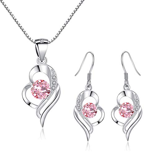 Kamise Schmuck Set Damen Silber 925, Liebe Silberkette & Haken Ohrringe Hängend Set mit Rosa Zirkonia, Herz Halskette und Haken Ohrhänger, Romantic Geschenk mit Geschenkbox für Mutter Frau Freundin von Kamise