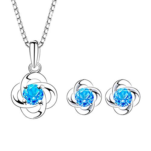 Kamise Schmuckset Damen Silber 925, Halskette Damen & Ohrstecker, Klee Anhänger Silberkette mit 45cm Silber Kette & Ohrringestecker mit Blau Zirkonia, Schmuck Set mit Geschenkbox für Mutter Frauen von Kamise