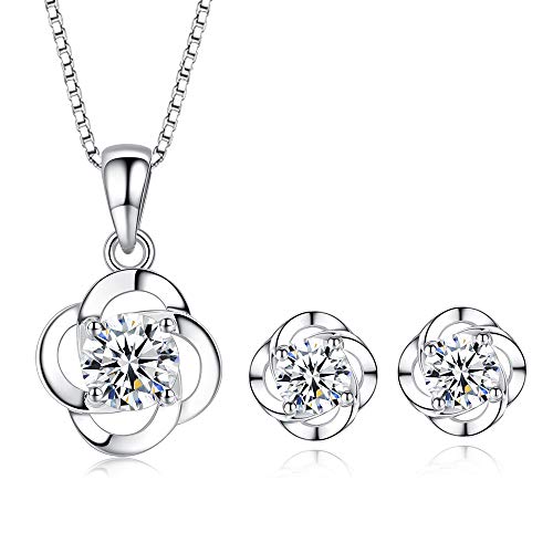 Kamise Schmuckset Damen Silber 925, Halskette Damen & Ohrstecker, Klee Anhänger Silberkette mit 45cm Silber Kette & Ohrringestecker mit Weiß Zirkonia, Schmuck Set mit Geschenkbox für Mutter Frauen von Kamise