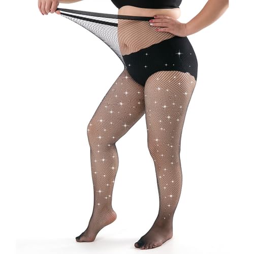 Kaempe Netzstrumpfhose Glitzer Große Größen Damen, Fischnetz Strumpfhose Schwarz, Strass Glitzer Strumpfhosen Damen Grosse Grössen (2XL) von Kaempe