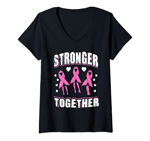 Damen Brustkrebs - Stärker zusammen Pink Ribbon T-Shirt mit V-Ausschnitt Damen Brustkrebs - Stärker zusammen Pink Ribbon T-Shirt mit V-Ausschnitt von Kämpfendes Brustkrebs-T-Shirt und Kleid