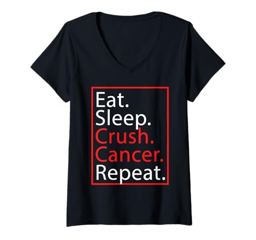 Damen Essen Schlafen Krebs Bekämpfen Starker Spruch T-Shirt mit V-Ausschnitt Damen Essen Schlafen Krebs Bekämpfen Starker Spruch T-Shirt mit V-Ausschnitt von Kämpfer Mut Kraft Fokus Leben Sprüche