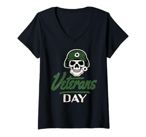 Damen Veteranentag Totenkopf Helm Militärisches Gedenken T-Shirt mit V-Ausschnitt Damen Veteranentag Totenkopf Helm Militärisches Gedenken T-Shirt mit V-Ausschnitt von Kämpferische Soldatenhommage Bekleidung