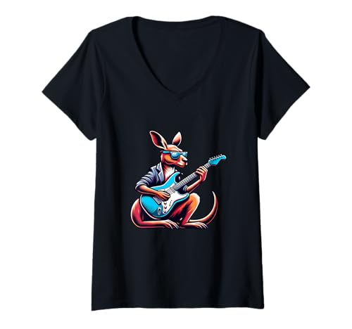 Damen Cooler Känguru Rockstar Mit E-Gitarre T-Shirt mit V-Ausschnitt Damen Cooler Känguru Rockstar Mit E-Gitarre T-Shirt mit V-Ausschnitt von Känguru E-Gitarre Musiker Australisch