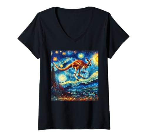 Damen Kangaroo Starry Night Känguru T-Shirt mit V-Ausschnitt Damen Kangaroo Starry Night Känguru T-Shirt mit V-Ausschnitt von Känguru Motive Für Herren Und Damen