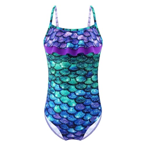 Kaerm Badeanzug Mädchen Kinder Einteiliger Hawaiian Rüschen Fischschuppen Bademode Mit Cut Out Träger UV Schutz Badebekleidung Swimsuit A Lila&Grün Fish Scales 122-128 von Kaerm