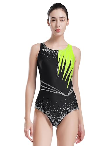 Kaerm Ballettanzug Damen Ärmellos Strass Glitzer Gymnastik Body Mesh Patchwork Trikot Zweifarbig Leotard Wettbewerb Performance Bekleidung Fluoreszierendes Gelb M von Kaerm