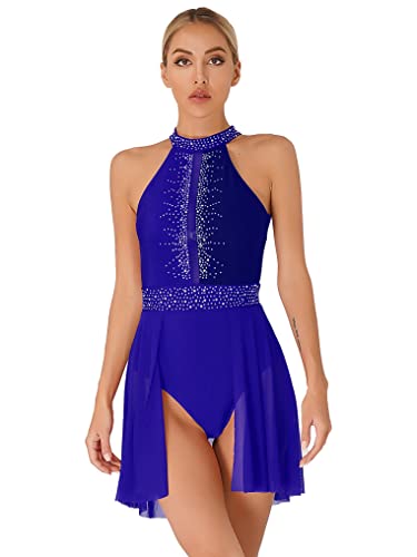 Kaerm Ballettkleid Damen Glitzer Strass Tanzkleid Latein Standard kostüm Neckholder Trikot Cut Out Leotard Mit Chiffon Rock Tanzkostüm Royal Blau M von Kaerm