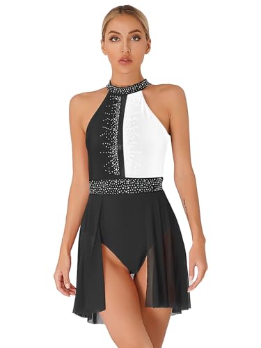 Kaerm Ballettkleid Damen Glitzer Strass Tanzkleid Latein Standard kostüm Neckholder Trikot Cut Out Leotard Mit Chiffon Rock Tanzkostüm Schwarz-Weiss L von Kaerm