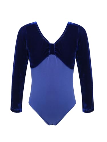 Kaerm Ballettkleidung Mädchen Langarm Kinder Gymnastik Body Samt Patchwork Trikot V-Ausschnitt Leotard Tanzkleidung Königsblau 146-152 von Kaerm