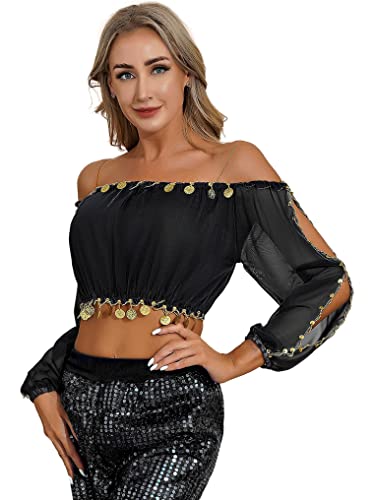 Kaerm Bauchtanz Kostüm Damen Oberteil Schulterfrei Tunika Bluse Münzen Shirt Mit Quasten Bauchfrei Tanz Top Mit Cut Out Fasching Karneval Tanzkostüm Schwarz Einheitsgröße von Kaerm