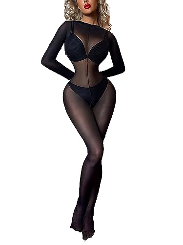 Kaerm Bodystocking Ouvert Sexy Damen Glossy Bodysuit Lang Eng Nylon Ganzanzug Zentai Kostüm Mesh Netz Shirt Oberteil Stretch Strumpfhose Party Clubwear Typ E One Size von Kaerm