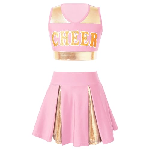 Kaerm Cheerleading Kostüm Mädchen Cheer Leader Outfit Metallic Crop Top V-Ausschnitt Oberteil Bauchfrei Stretch Faltenrock Minirock Sommerrock Tanzkostüm Light Pink 140 von Kaerm