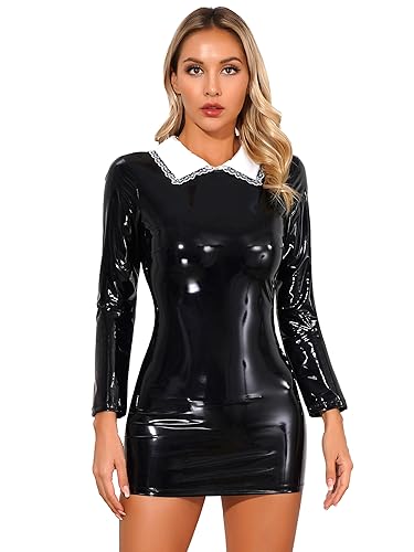 Kaerm Damen Lack Leder Kleid Wetlook Minikleid Sexy Kurz Figurbetontes Abendkleid Eng Metallic Glitzer Bleistiftkleid Etui Party Clubwear B Schwarz 3XL von Kaerm