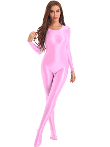 Kaerm Damen Nylon Body Glänzend Langarm Ganzkörperanzug Sexy Eng Rundhals Glossy Shirt Strumpfhose Ganzkörper Strumpf Party Clubwear Rosa XL von Kaerm