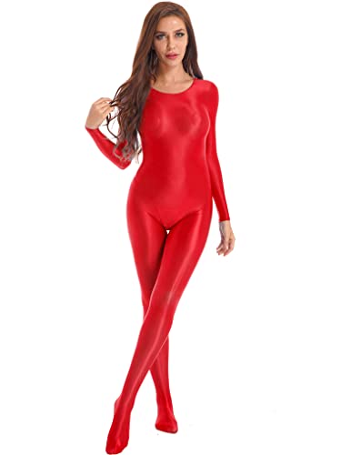 Kaerm Damen Nylon Body Glänzend Langarm Ganzkörperanzug Sexy Eng Rundhals Glossy Shirt Strumpfhose Ganzkörper Strumpf Party Clubwear Rot XL von Kaerm