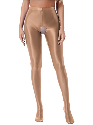 Kaerm Damen Öl Glänzend Strumpfhose Offener Schritt Leggings Glossy Pantyhose Sexy Ouvert Dessous Stockings Unterhose Lang Erotisch Nachtwäsche Coffee M von Kaerm