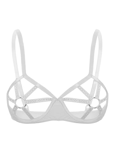 Kaerm Damen Ouvert BH Offene Brüste Cups Harness Bra Bandage Bralette Strass Glitzer Oberteil Nippelfrei Shirt Mit Metall O-Ring Gogo Tanz Rave Outfits Elfenbein 5XL von Kaerm