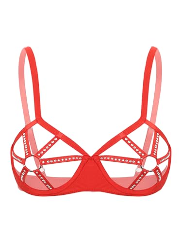 Kaerm Damen Ouvert BH Offene Brüste Cups Harness Bra Bandage Bralette Strass Glitzer Oberteil Nippelfrei Shirt Mit Metall O-Ring Gogo Tanz Rave Outfits Rot M von Kaerm