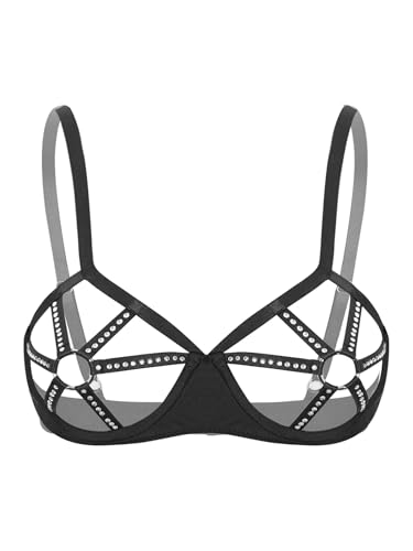 Kaerm Damen Ouvert BH Offene Brüste Cups Harness Bra Bandage Bralette Strass Glitzer Oberteil Nippelfrei Shirt Mit Metall O-Ring Gogo Tanz Rave Outfits Schwarz M von Kaerm