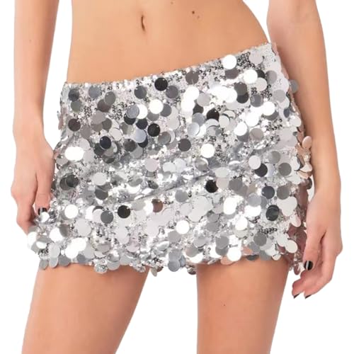 Kaerm Damen Pailletten Rock Glitzer Minirock Sexy Kurz Bodycon Party Rock Bleistiftrock Gogo Tanz Rave Silvester Outfits Silber L von Kaerm