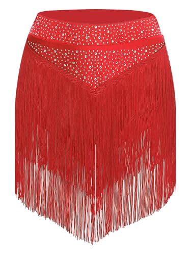 Kaerm Damen Tanzrock Salsa Mit Fransen Mädchen Rock Lateinamerikanisch Elegant Mit Eingebauten Shorts Für Rumba Tango Samba Rot L von Kaerm