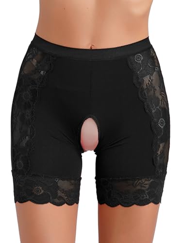 Kaerm Damen Unter Rock Hosen Kurz Mit Spitze Offener Schritt Unterhose Radlerhose Stretch Leggings Hot Pants Blumenmuster Unterwäsche Reizwäsche Schwarz XL von Kaerm