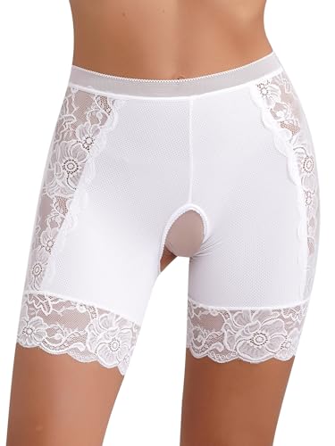 Kaerm Damen Unter Rock Hosen Kurz Mit Spitze Offener Schritt Unterhose Radlerhose Stretch Leggings Hot Pants Blumenmuster Unterwäsche Reizwäsche Weiß L von Kaerm
